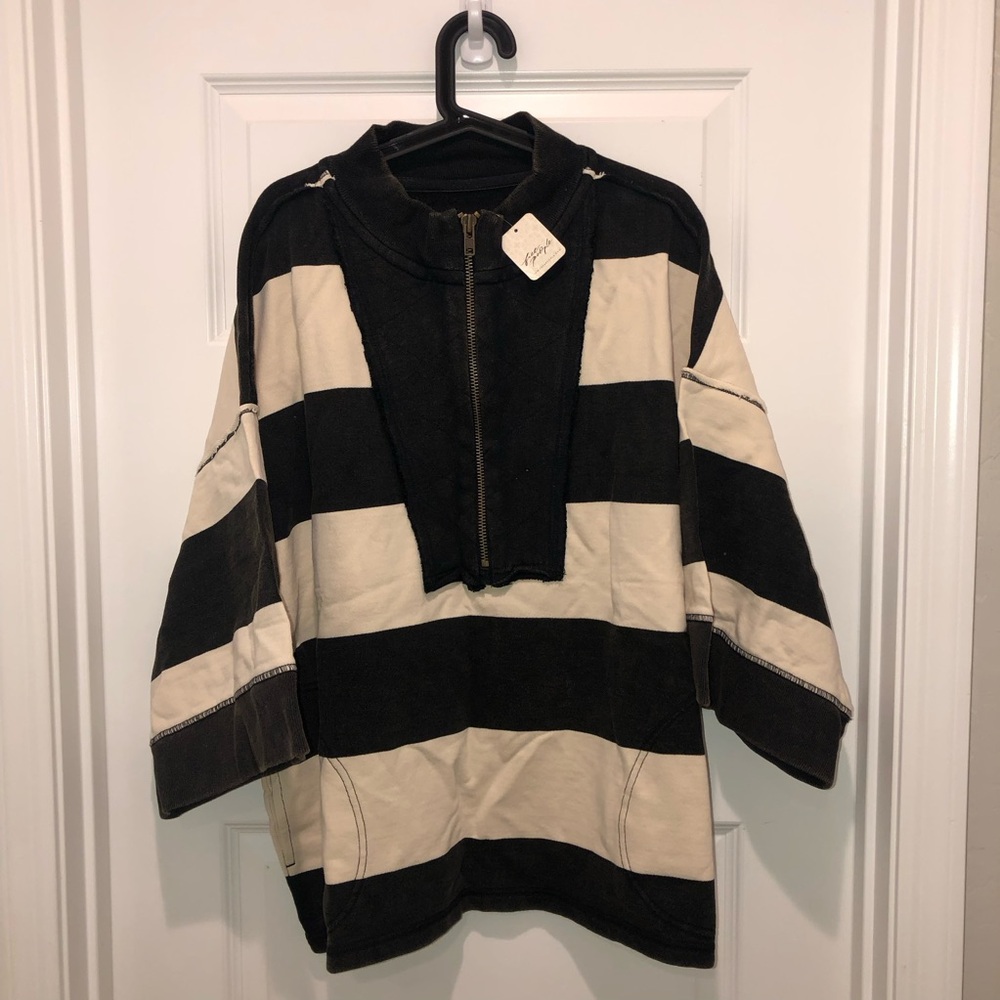 New Free People We The Free Seaside Funnel Pullover Sweatshirt Black/Cream XL - Picture 3 of 6